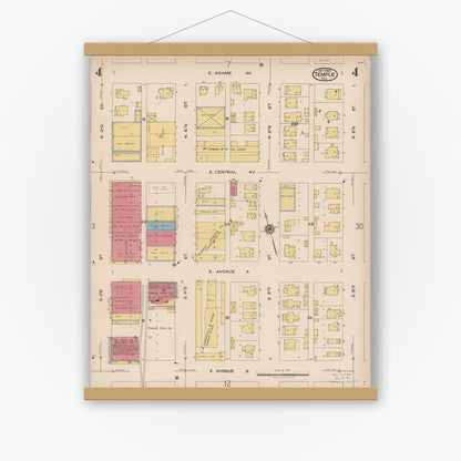 Old map wall art mockup — magnetic wood frame on white wall — Sanborn Fire Insurance Map from Temple, Bell County, Texas (1922), Sheet #0004