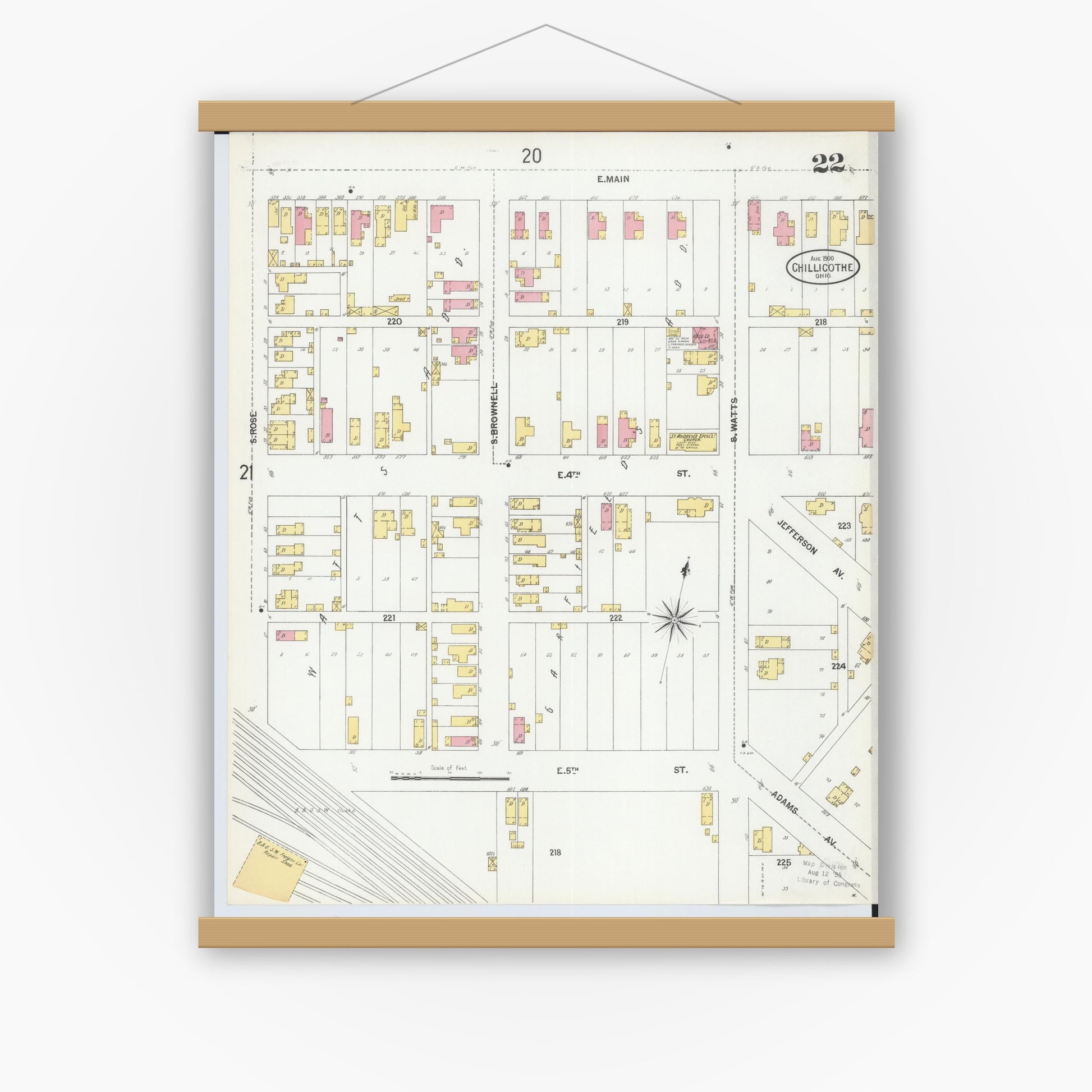 Old map wall art mockup — magnetic wood frame on white wall — Sanborn Fire Insurance Map from Chillicothe, Ross County, Ohio (1900), Sheet #0022