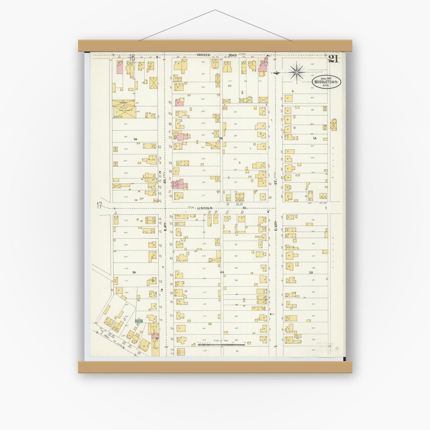 Old map wall art mockup — magnetic wood frame on white wall — Sanborn Fire Insurance Map from Middletown, Butler County, Ohio (1907), Sheet #0021