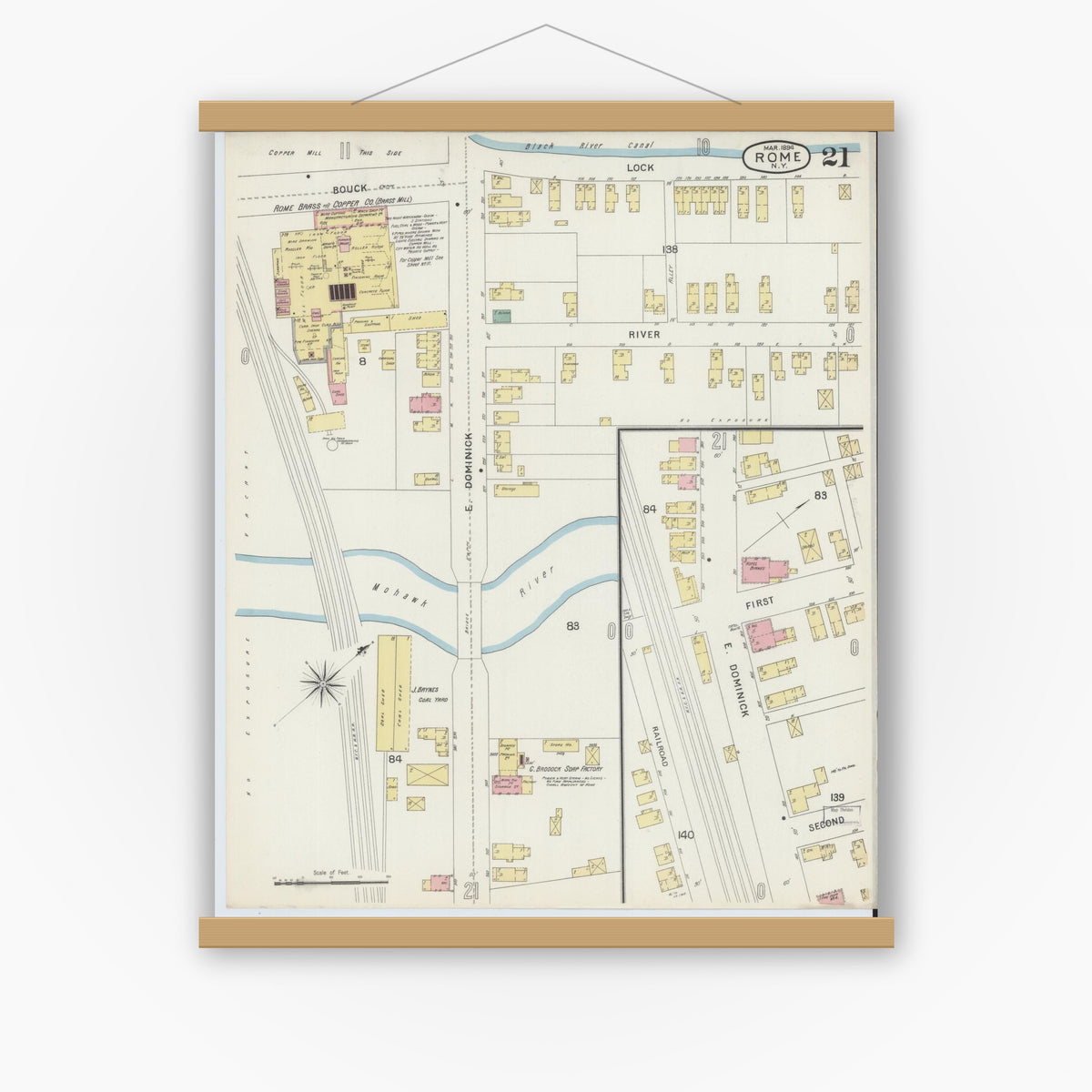 Old map wall art mockup — magnetic wood frame on white wall — Sanborn Fire Insurance Map from Rome, Oneida County, New York (1894), Sheet #0021