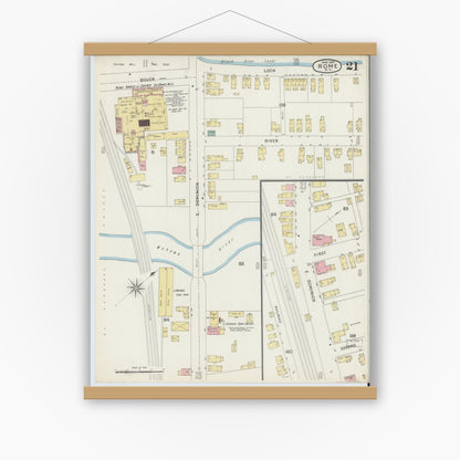 Old map wall art mockup — magnetic wood frame on white wall — Sanborn Fire Insurance Map from Rome, Oneida County, New York (1894), Sheet #0021