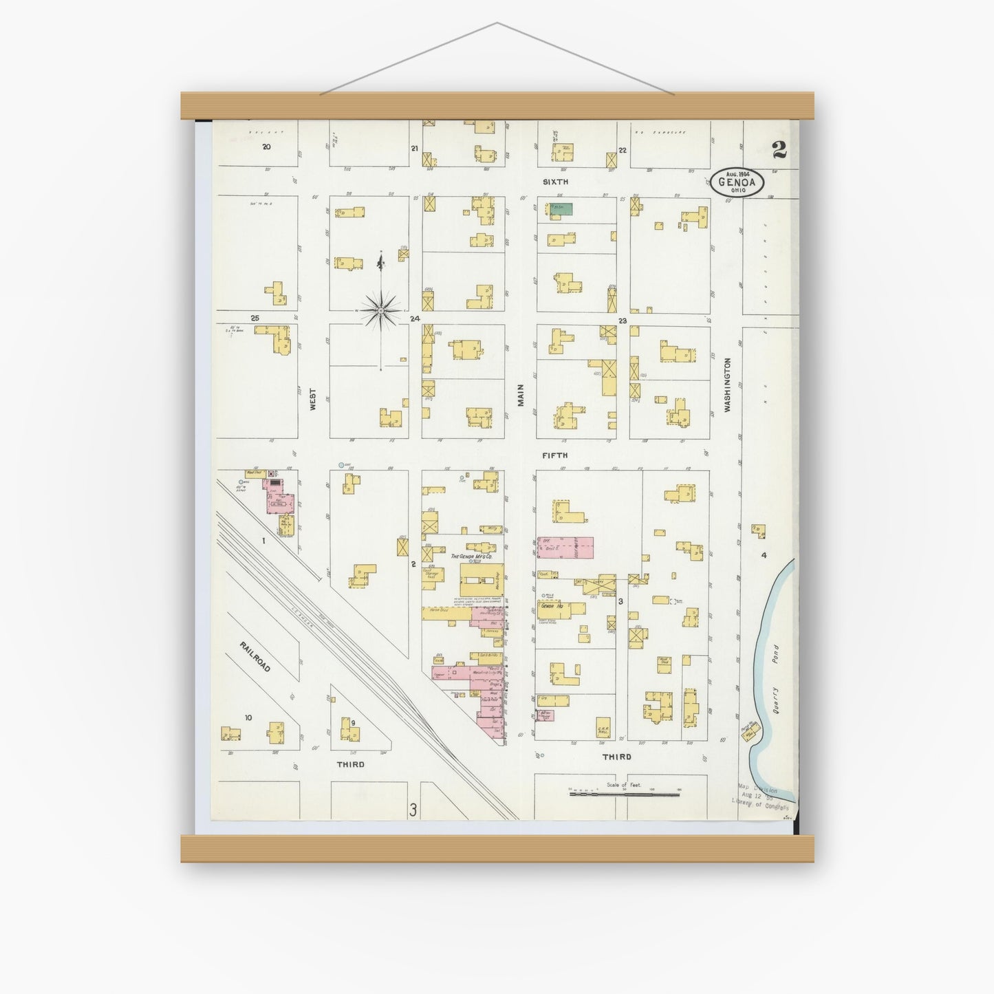 Old map wall art mockup — magnetic wood frame on white wall — Sanborn Fire Insurance Map from Genoa, Ottawa County, Ohio (1904), Sheet #0002