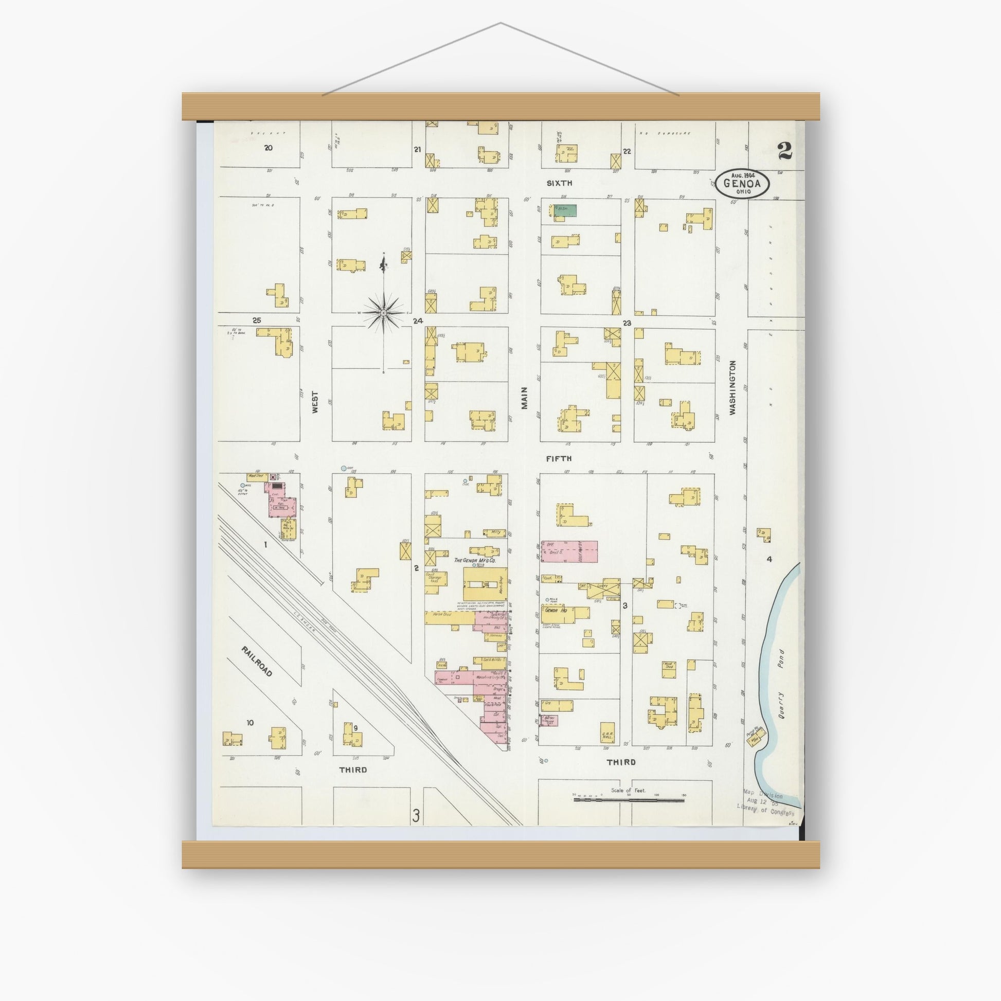 Old map wall art mockup — magnetic wood frame on white wall — Sanborn Fire Insurance Map from Genoa, Ottawa County, Ohio (1904), Sheet #0002