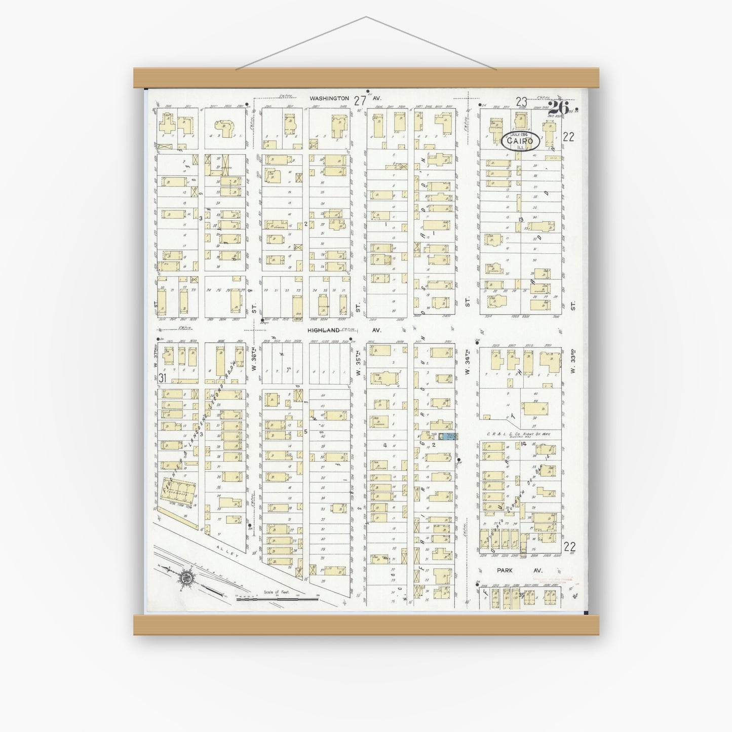 Old map wall art mockup — magnetic wood frame on white wall — Sanborn Fire Insurance Map from Cairo, Alexander County, Illinois (1914), Sheet #0026