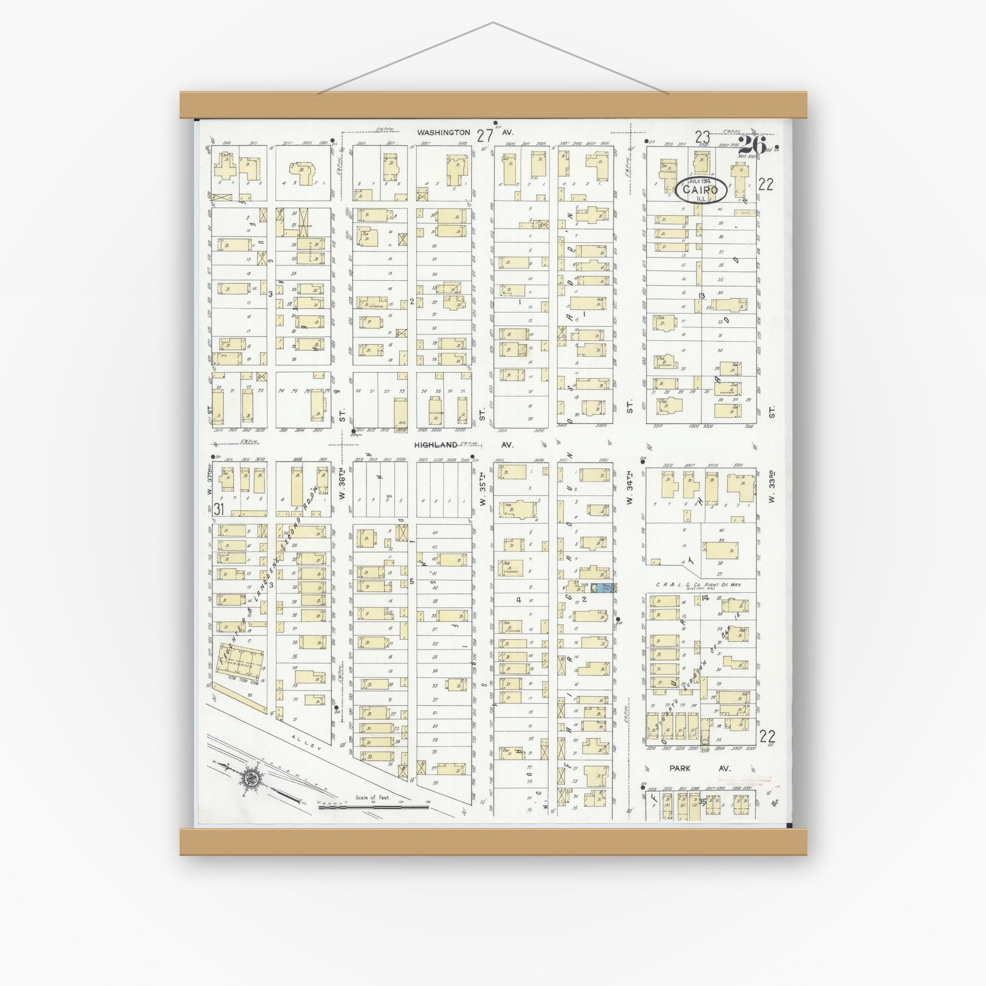 Old map wall art mockup — magnetic wood frame on white wall — Sanborn Fire Insurance Map from Cairo, Alexander County, Illinois (1914), Sheet #0026