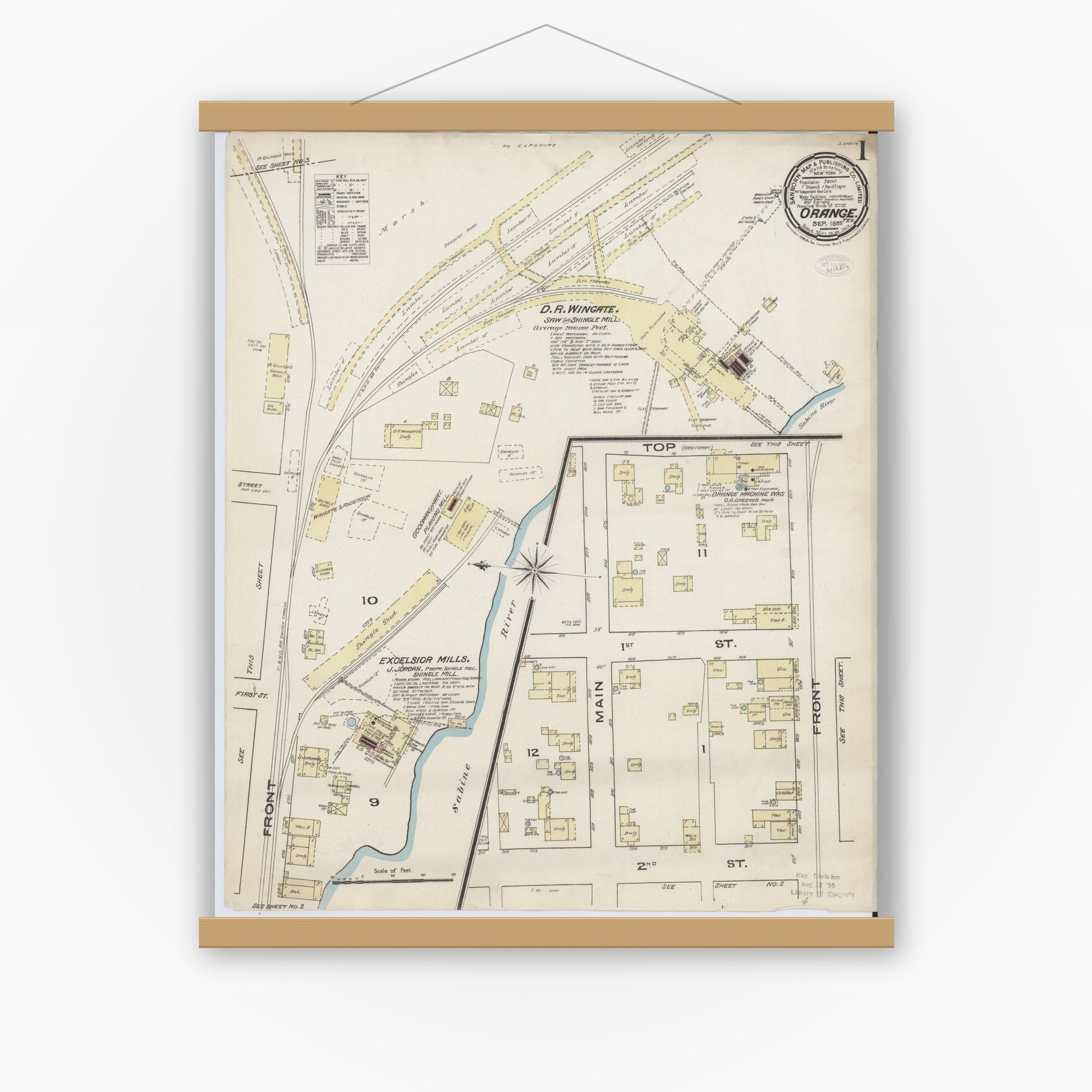 Old map wall art mockup — magnetic wood frame on white wall — Sanborn Fire Insurance Map from Orange, Orange County, Texas (1885), Sheet #0001