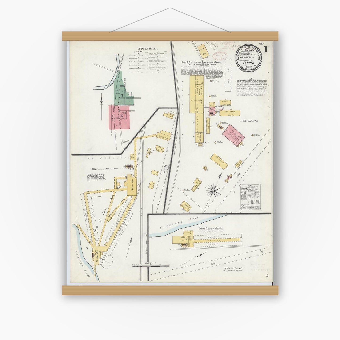 Old map wall art mockup — magnetic wood frame on white wall — Sanborn Fire Insurance Map from Eldred, McKean County, Pennsylvania (1899), Sheet #0001