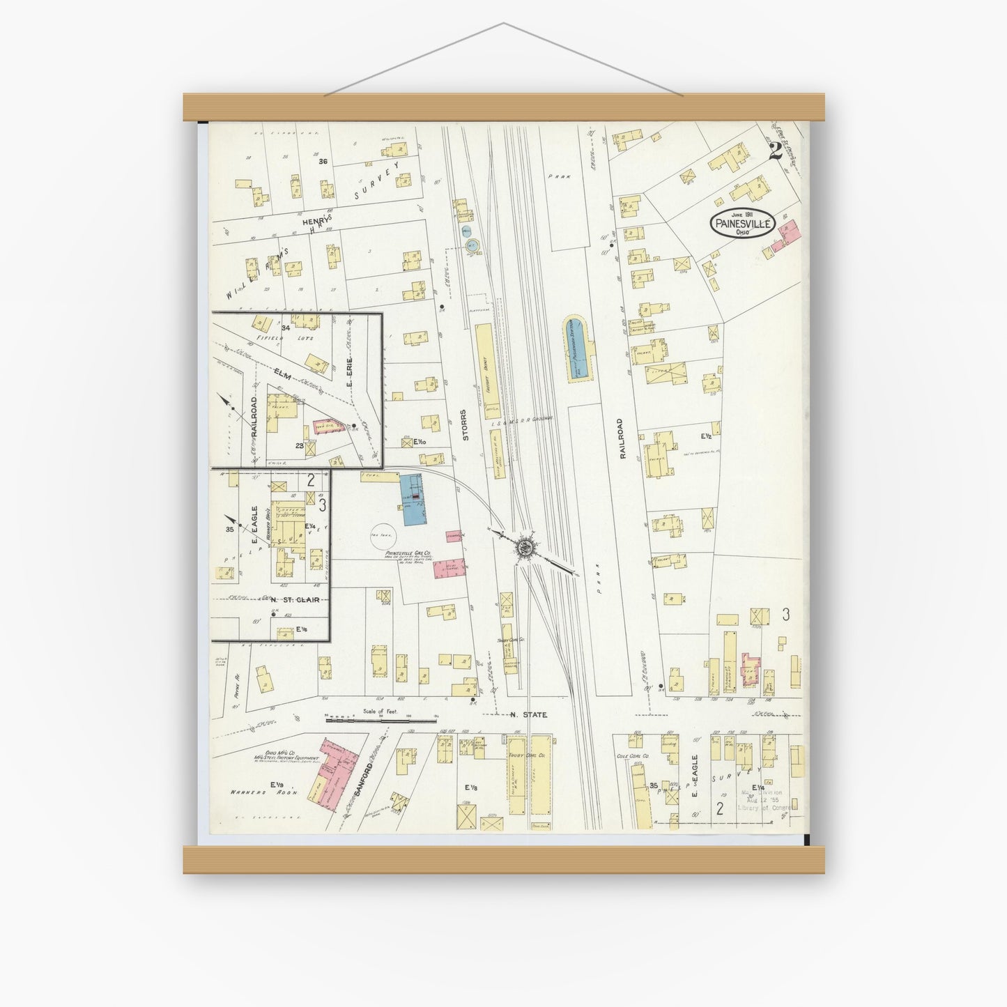Old map wall art mockup — magnetic wood frame on white wall — Sanborn Fire Insurance Map from Painesville, Lake County, Ohio (1911), Sheet #0002