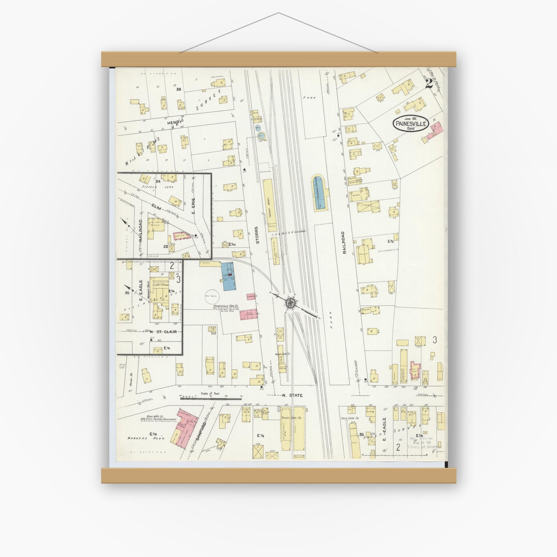 Old map wall art mockup — magnetic wood frame on white wall — Sanborn Fire Insurance Map from Painesville, Lake County, Ohio (1911), Sheet #0002