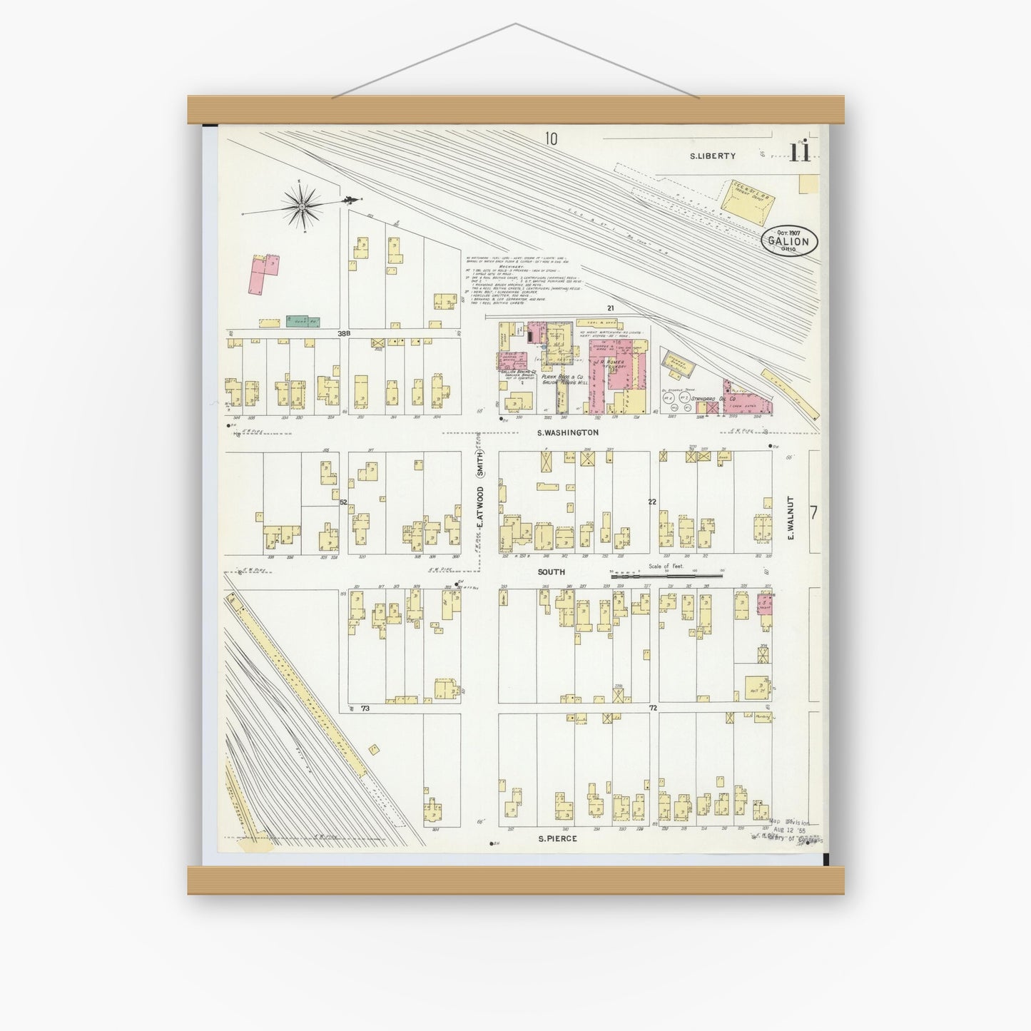 Old map wall art mockup — magnetic wood frame on white wall — Sanborn Fire Insurance Map from Galion, Crawford County, Ohio (1907), Sheet #0011