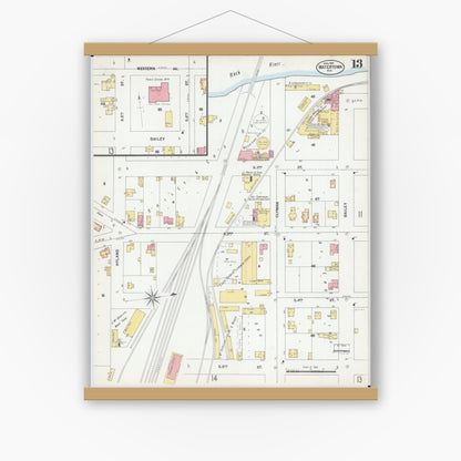 Old map wall art mockup — magnetic wood frame on white wall — Sanborn Fire Insurance Map from Watertown, Jefferson County, Wisconsin (1901), Sheet #0013