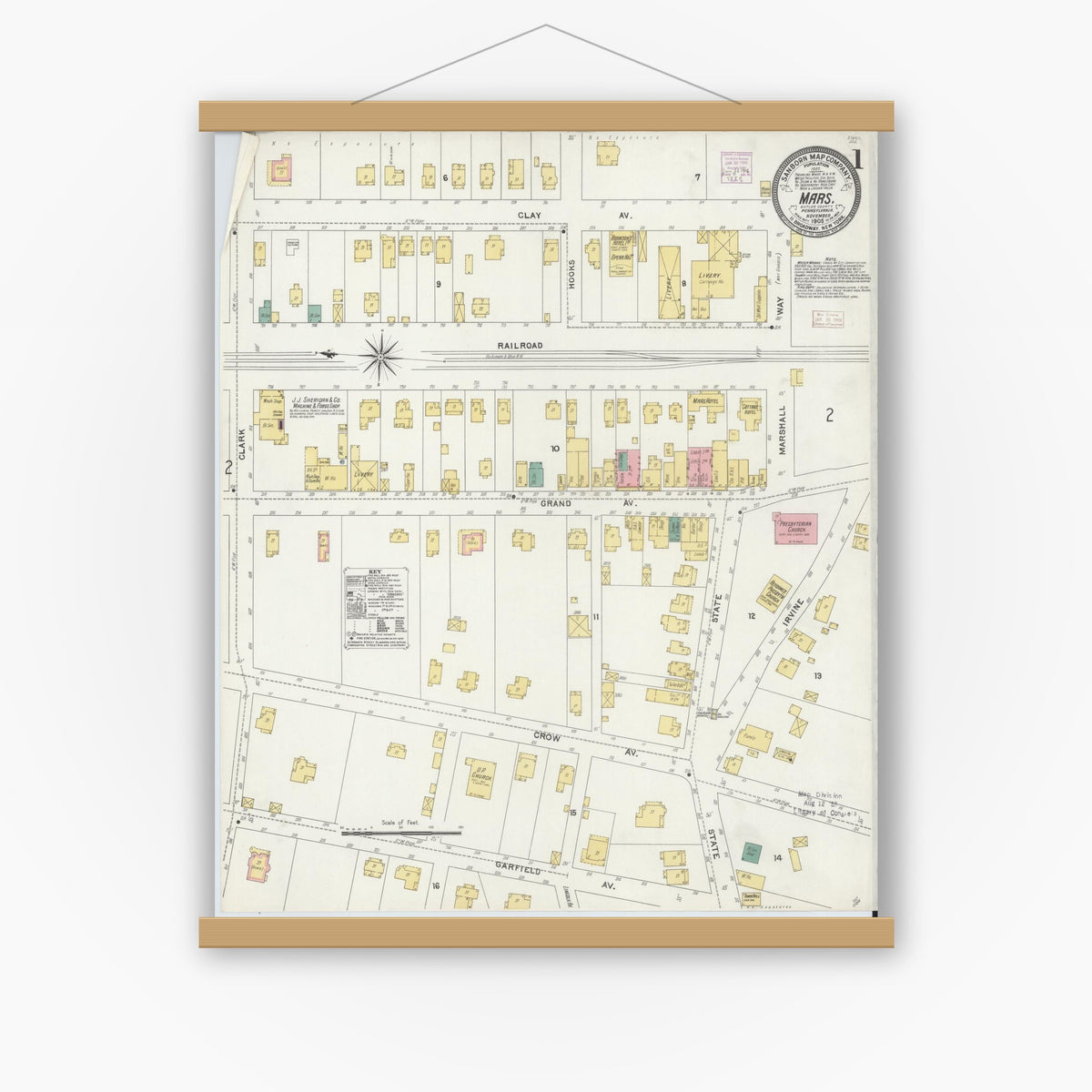 Old map wall art mockup — magnetic wood frame on white wall — Sanborn Fire Insurance Map from Mars, Butler County, Pennsylvania (1905), Sheet #0001