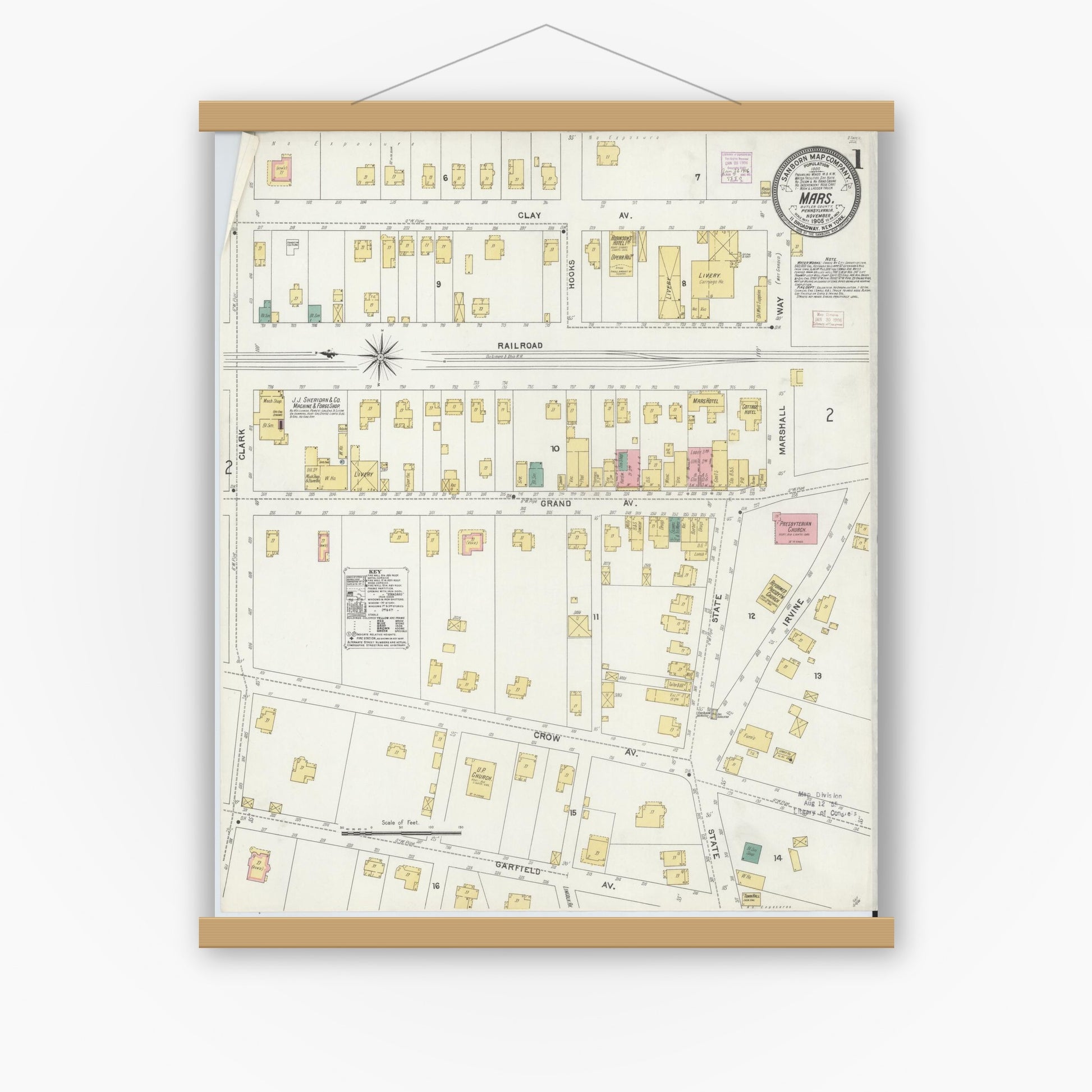 Old map wall art mockup — magnetic wood frame on white wall — Sanborn Fire Insurance Map from Mars, Butler County, Pennsylvania (1905), Sheet #0001