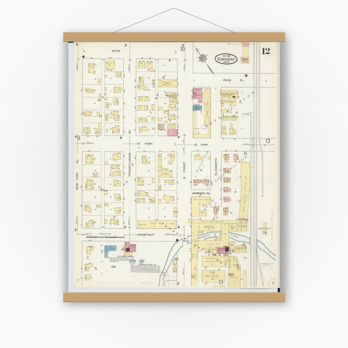 Old map wall art mockup — magnetic wood frame on white wall — Sanborn Fire Insurance Map from Dowagiac, Cass County, Michigan (1913), Sheet #0012
