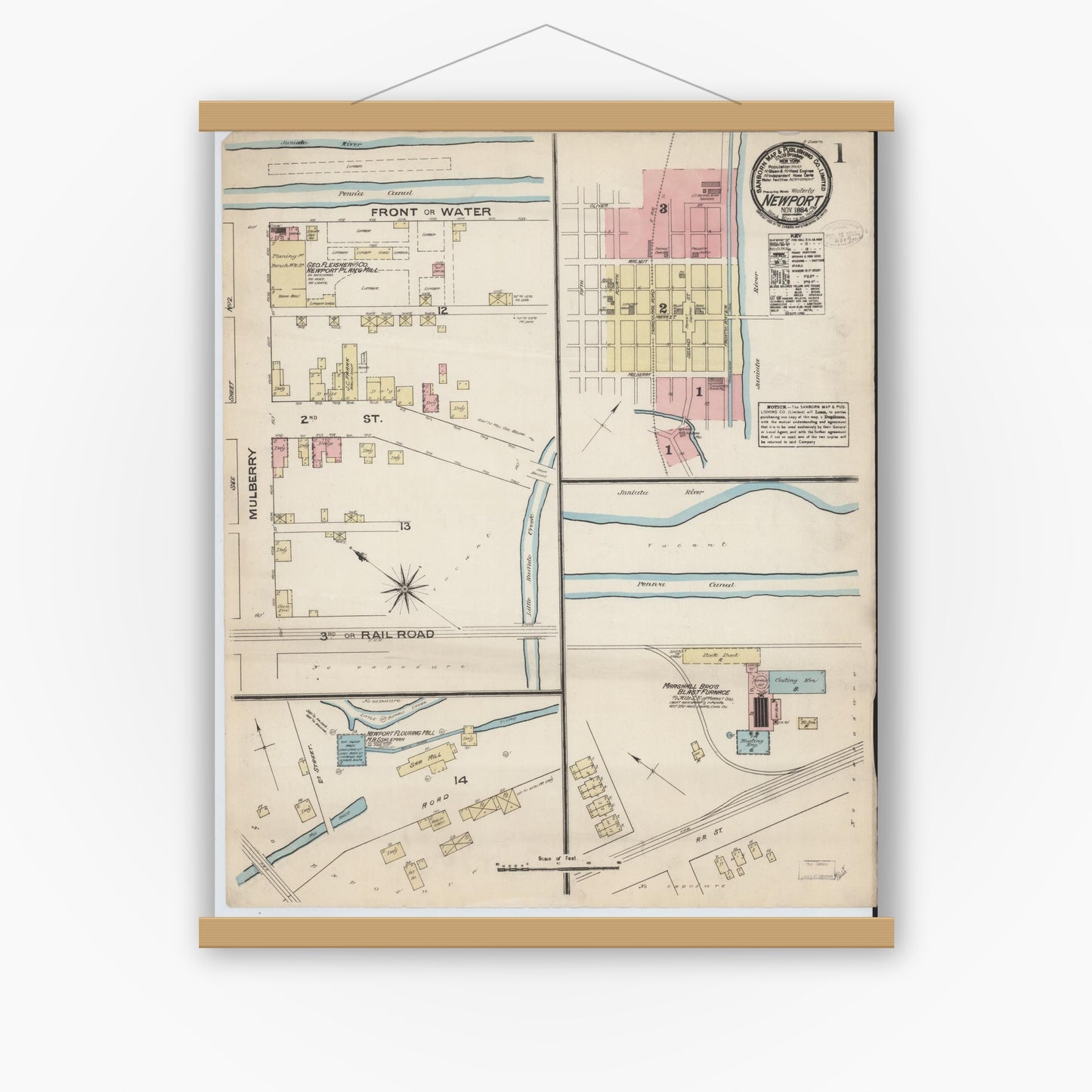 Old map wall art mockup — magnetic wood frame on white wall — Sanborn Fire Insurance Map from Newport, Perry County, Pennsylvania (1884), Sheet #0001