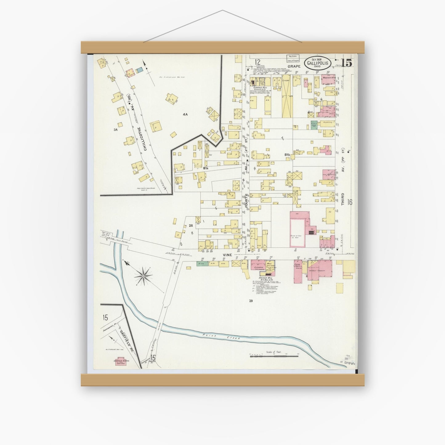 Old map wall art mockup — magnetic wood frame on white wall — Sanborn Fire Insurance Map from Gallipolis, Gallia County, Ohio (1908), Sheet #0015
