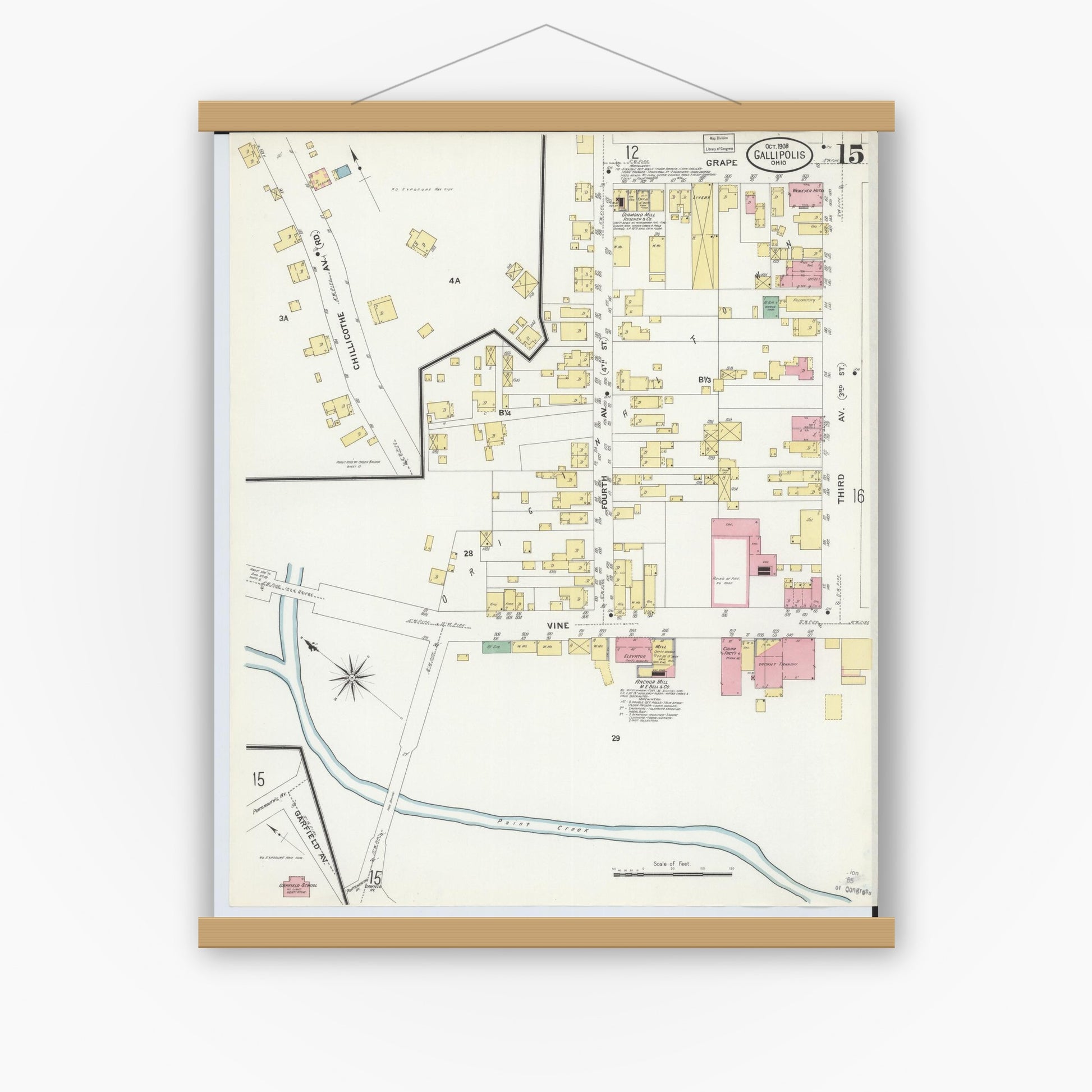 Old map wall art mockup — magnetic wood frame on white wall — Sanborn Fire Insurance Map from Gallipolis, Gallia County, Ohio (1908), Sheet #0015