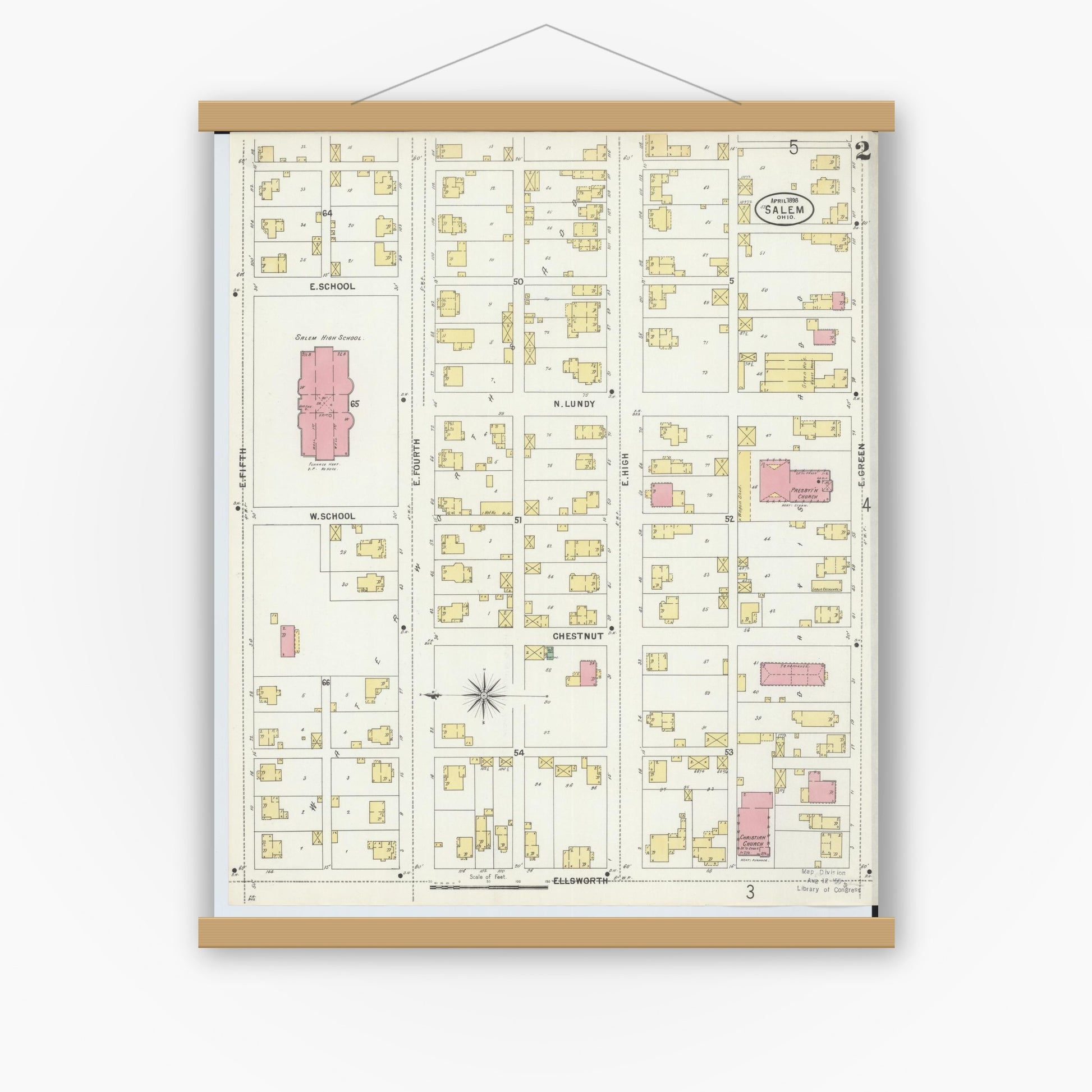 Old map wall art mockup — magnetic wood frame on white wall — Sanborn Fire Insurance Map from Salem, Columbiana County, Ohio (1898), Sheet #0002