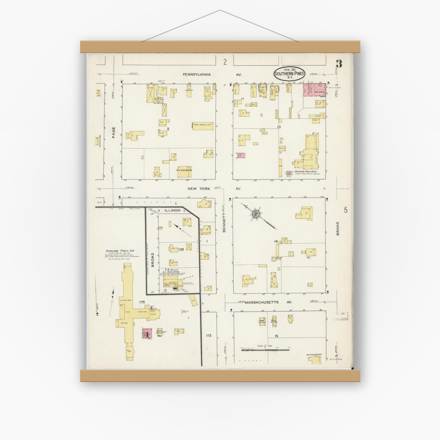 Old map wall art mockup — magnetic wood frame on white wall — Sanborn Fire Insurance Map from Southern Pines, Moore County, North Carolina (1915), Sheet #0003