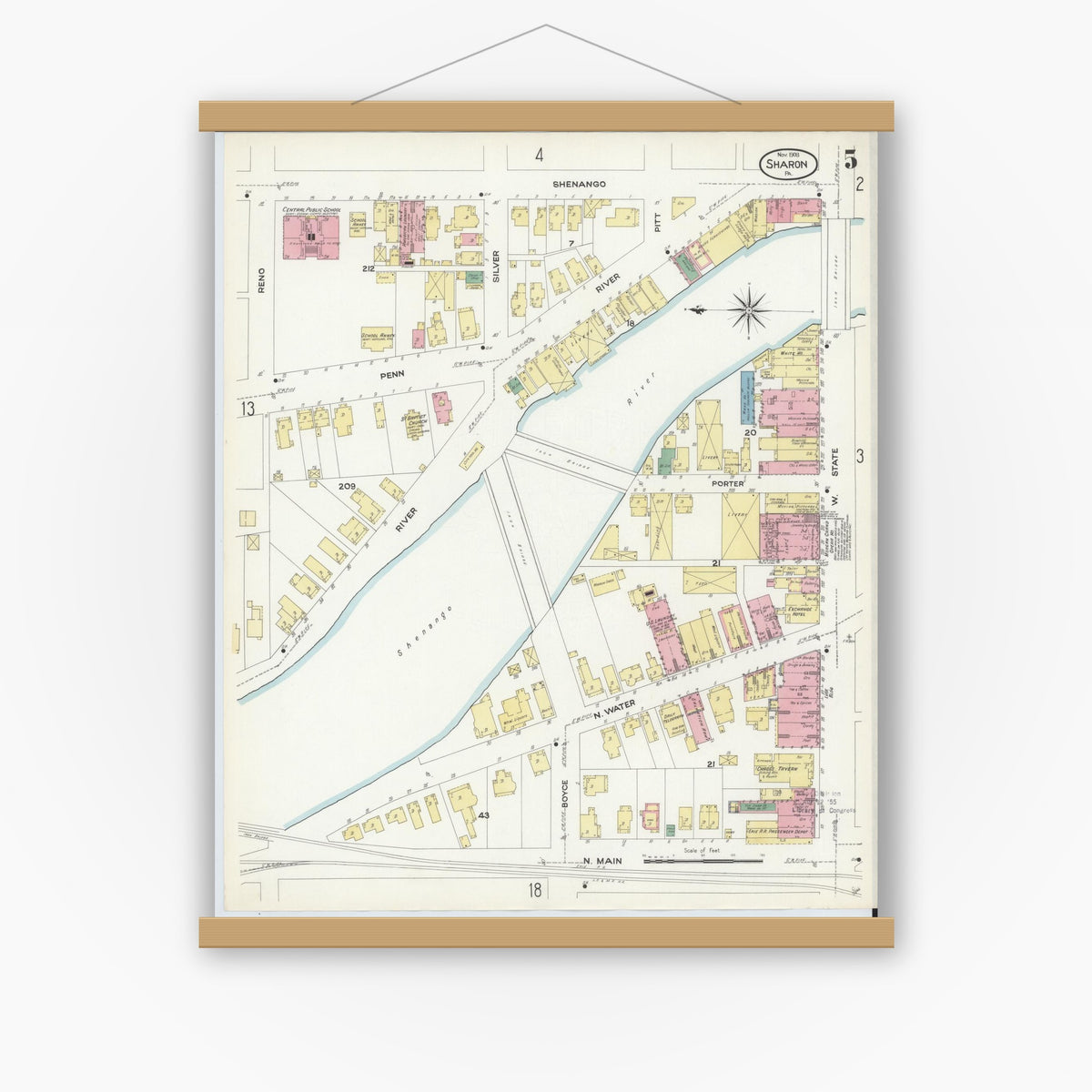 Old map wall art mockup — magnetic wood frame on white wall — Sanborn Fire Insurance Map from Sharon, Mercer County, Pennsylvania (1908), Sheet #0005