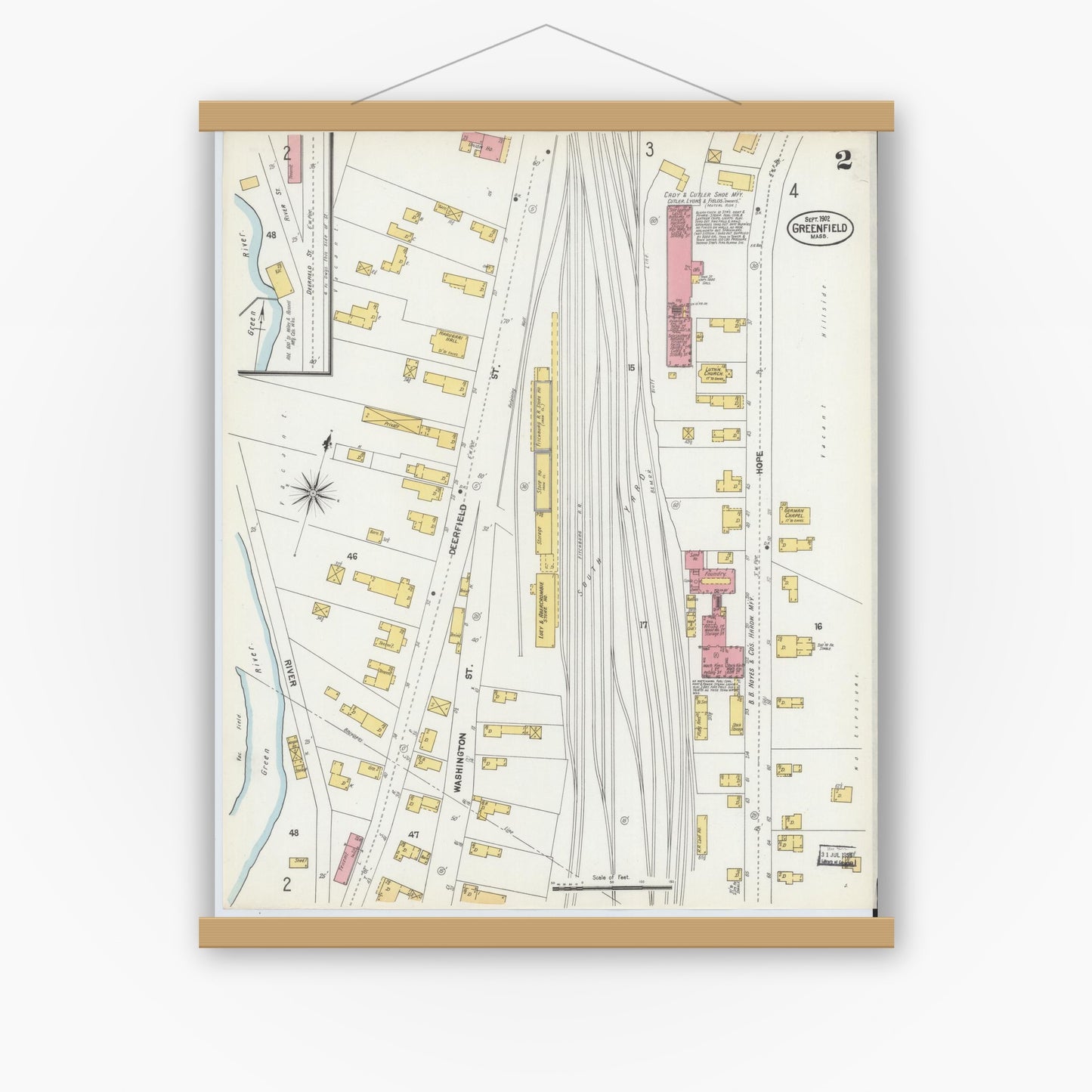 Old map wall art mockup — magnetic wood frame on white wall — Sanborn Fire Insurance Map from Greenfield, Franklin County, Massachusetts (1902), Sheet #0002