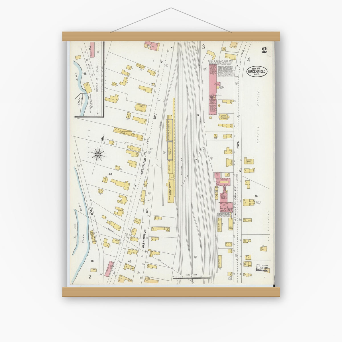 Old map wall art mockup — magnetic wood frame on white wall — Sanborn Fire Insurance Map from Greenfield, Franklin County, Massachusetts (1902), Sheet #0002