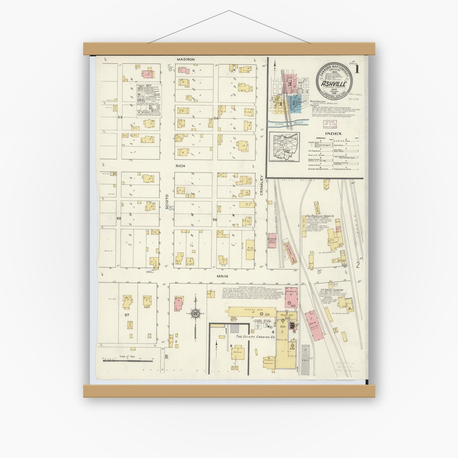 Old map wall art mockup — magnetic wood frame on white wall — Sanborn Fire Insurance Map from Ashville, Pickaway County, Ohio (1916), Sheet #0001