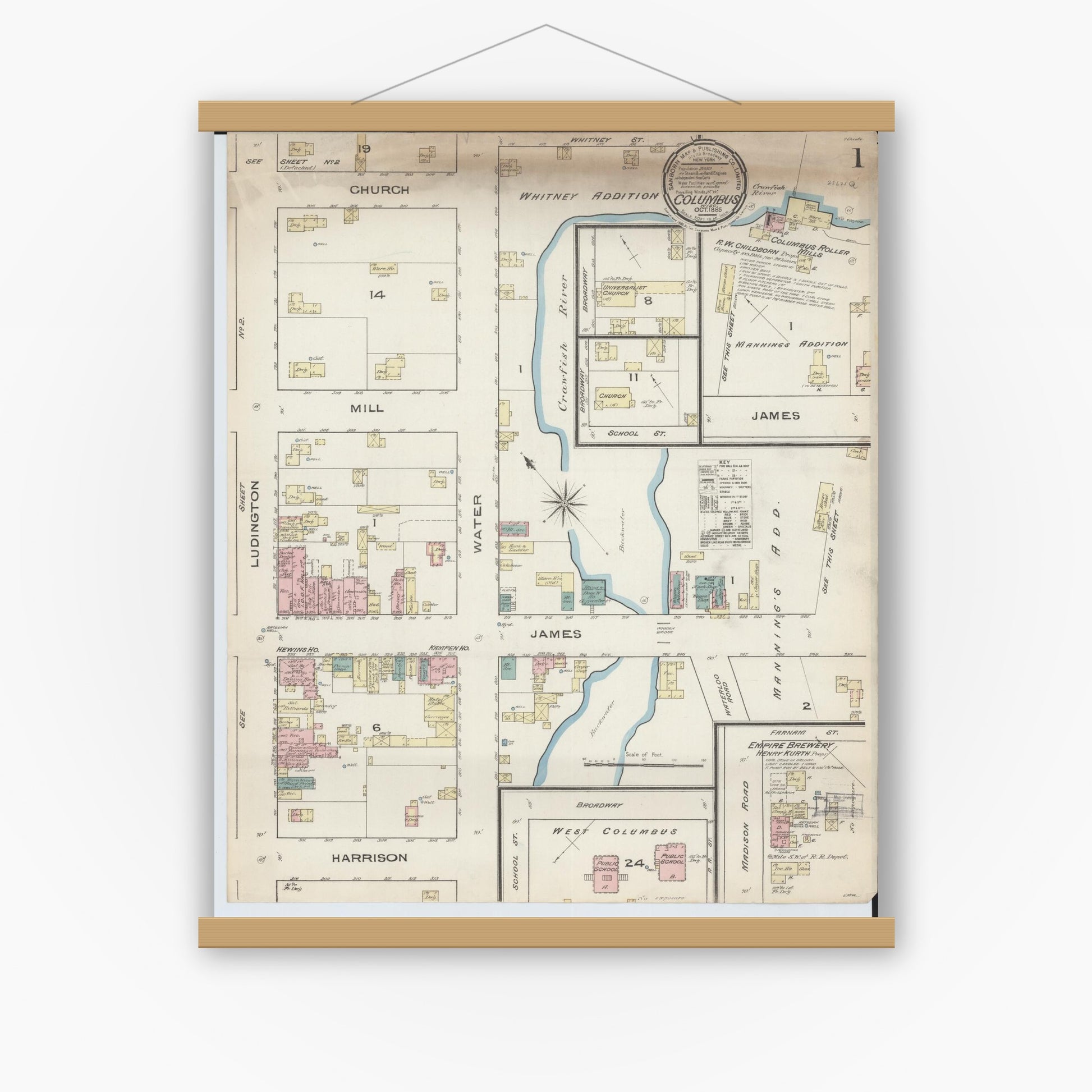 Old map wall art mockup — magnetic wood frame on white wall — Sanborn Fire Insurance Map from Columbus, Columbia and Dodge County, Wisconsin (1885) - Complete Map Set