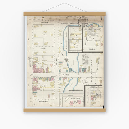 Old map wall art mockup — magnetic wood frame on white wall — Sanborn Fire Insurance Map from Columbus, Columbia and Dodge County, Wisconsin (1885) - Complete Map Set