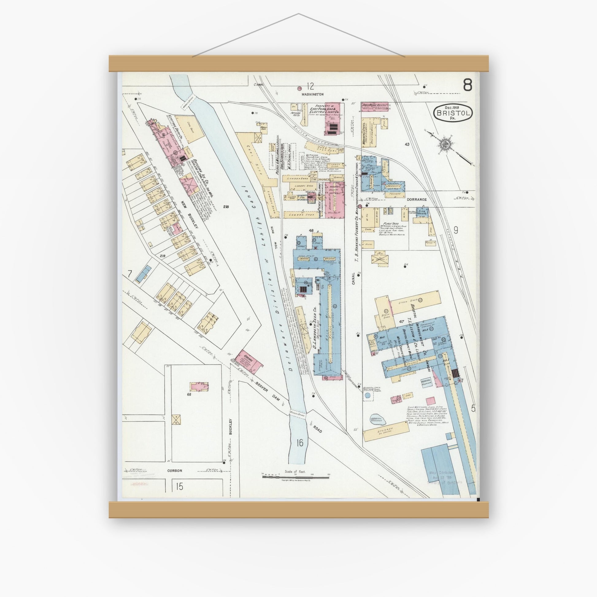 Old map wall art mockup — magnetic wood frame on white wall — Sanborn Fire Insurance Map from Bristol, Bucks County, Pennsylvania (1927), Sheet #0008