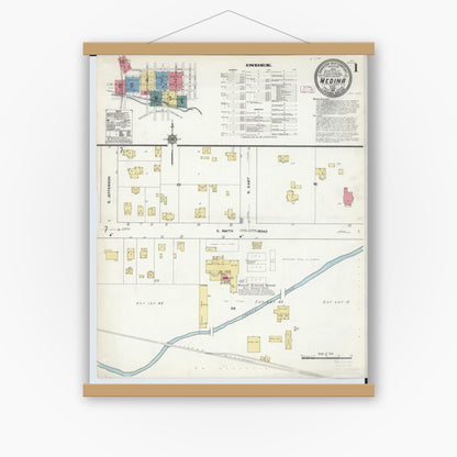 Old map wall art mockup — magnetic wood frame on white wall — Sanborn Fire Insurance Map from Medina, Medina County, Ohio (1911), Sheet #0001