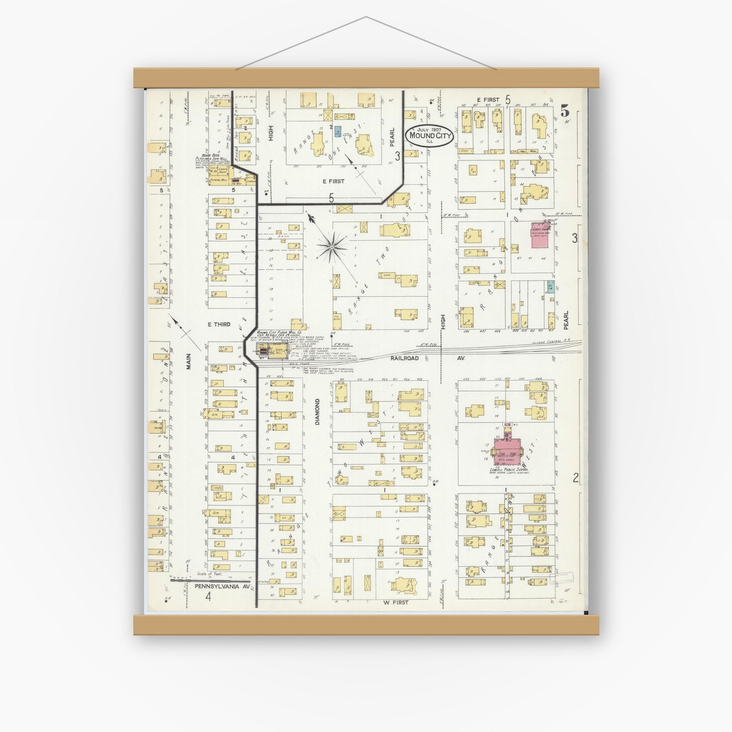 Old map wall art mockup — magnetic wood frame on white wall — Sanborn Fire Insurance Map from Mound City, Pulaski County, Illinois (1907), Sheet #0005