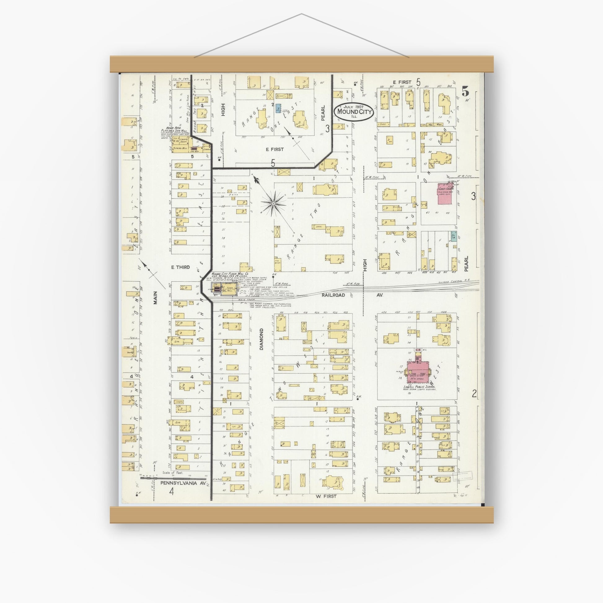 Old map wall art mockup — magnetic wood frame on white wall — Sanborn Fire Insurance Map from Mound City, Pulaski County, Illinois (1907), Sheet #0005