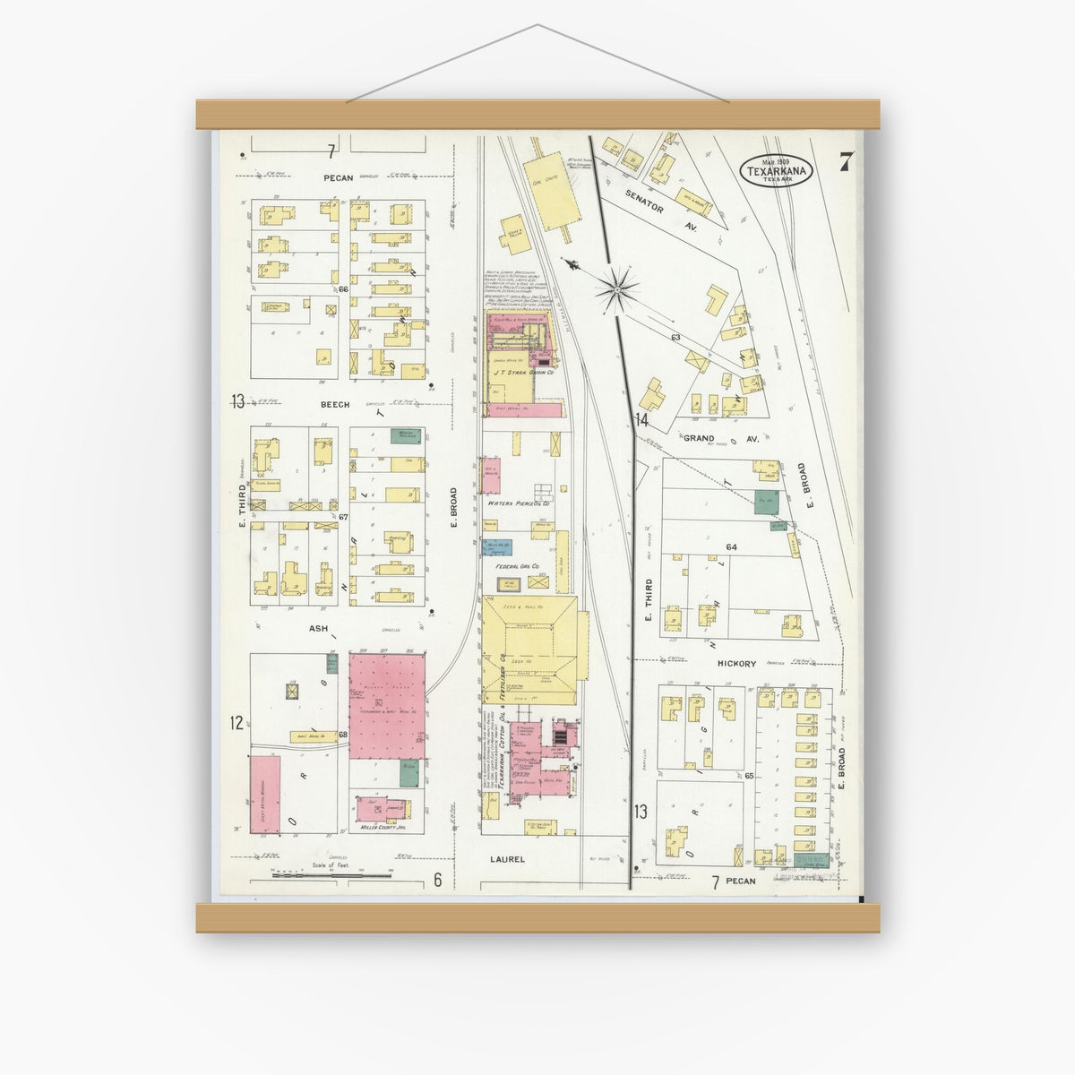 Old map wall art mockup — magnetic wood frame on white wall — Sanborn Fire Insurance Map from Texarkana, Bowie County, Texas (1909), Sheet #0007