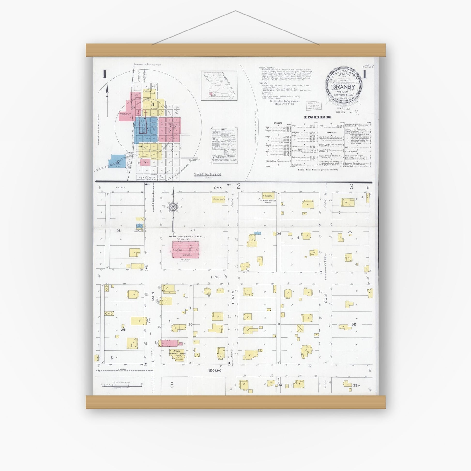 Old map wall art mockup — magnetic wood frame on white wall — Sanborn Fire Insurance Map from Granby, Newton County, Missouri (1930), Sheet #0001