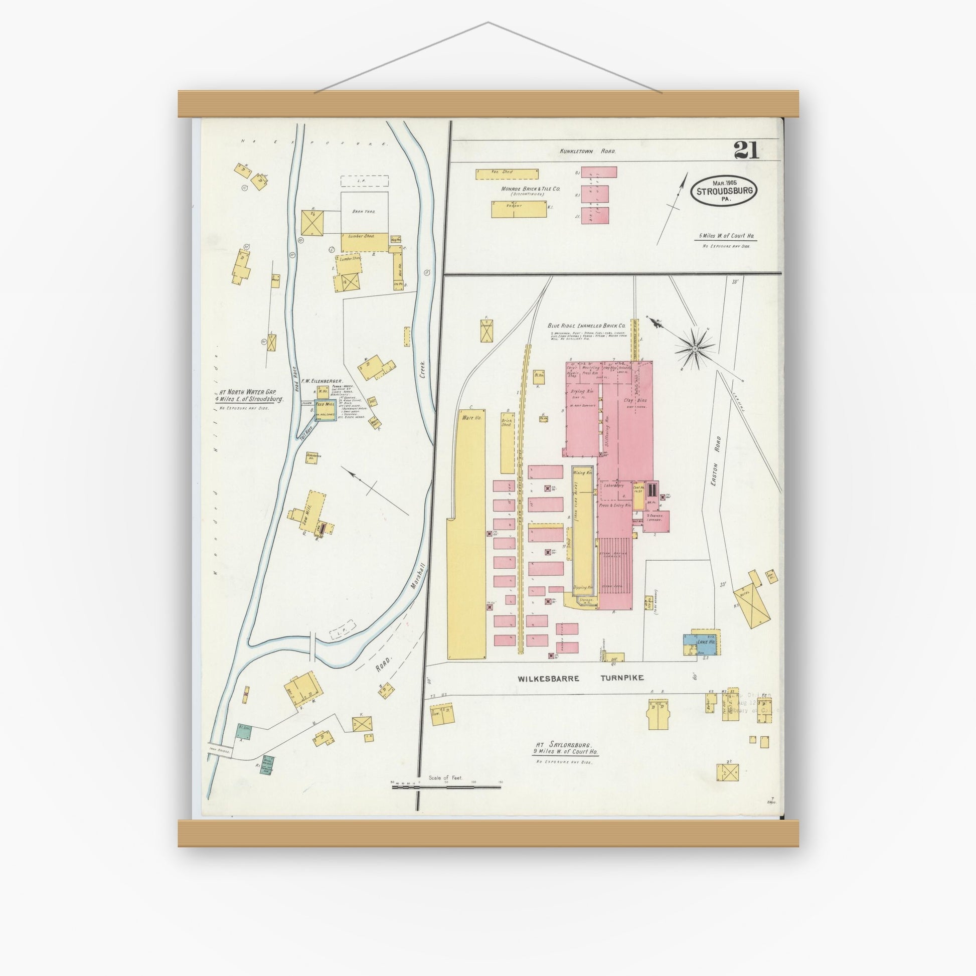 Old map wall art mockup — magnetic wood frame on white wall — Sanborn Fire Insurance Map from Stroudsburg, Monroe County, Pennsylvania (1905), Sheet #0021