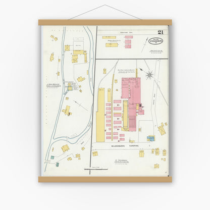 Old map wall art mockup — magnetic wood frame on white wall — Sanborn Fire Insurance Map from Stroudsburg, Monroe County, Pennsylvania (1905), Sheet #0021