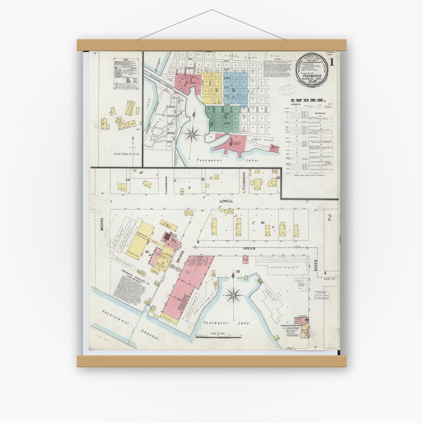 Old map wall art mockup — magnetic wood frame on white wall — Sanborn Fire Insurance Map from Pentwater, Oceana County, Michigan (1899) - Complete Map Set