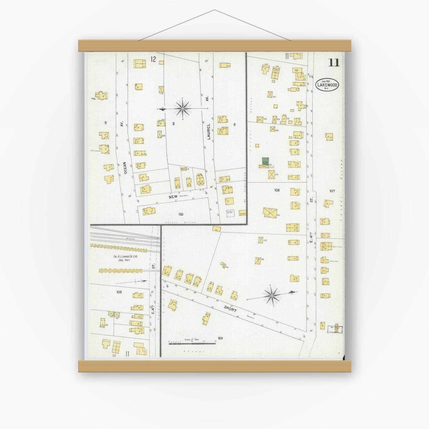 Old map wall art mockup — magnetic wood frame on white wall — Sanborn Fire Insurance Map from Lakewood, Ocean County, New Jersey (1901), Sheet #0011