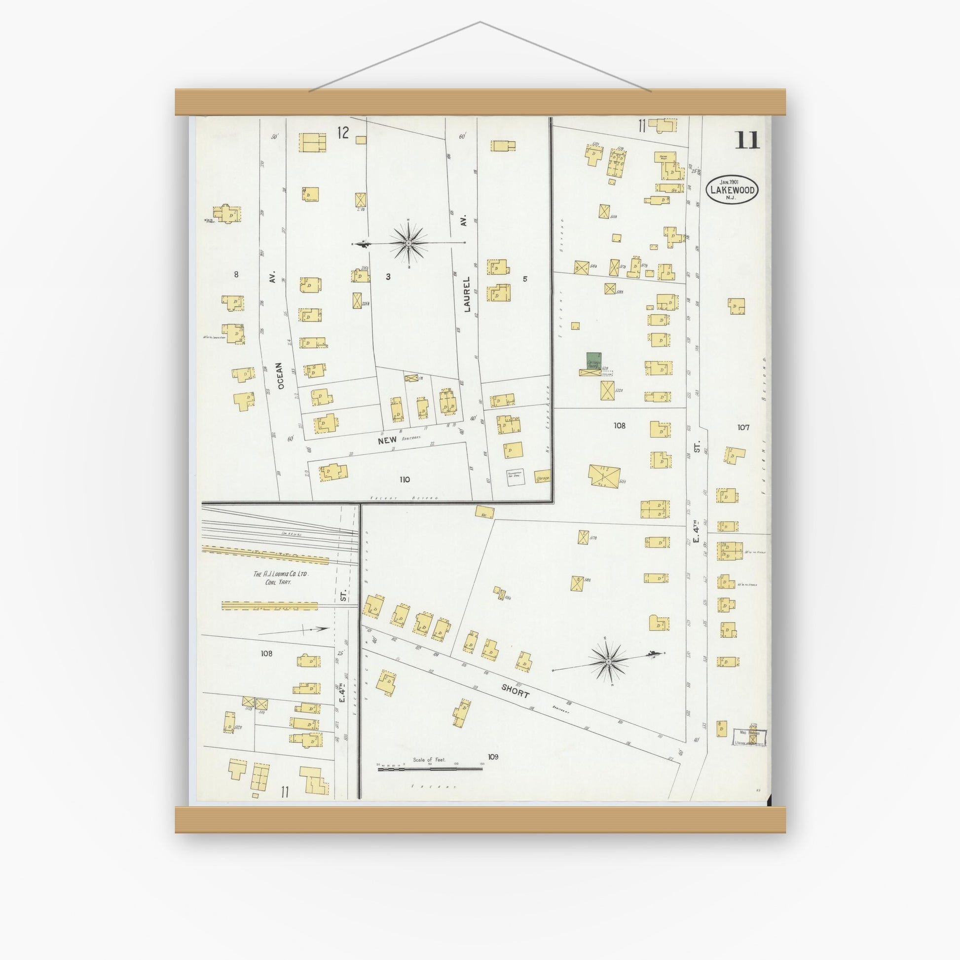 Old map wall art mockup — magnetic wood frame on white wall — Sanborn Fire Insurance Map from Lakewood, Ocean County, New Jersey (1901), Sheet #0011