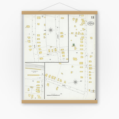 Old map wall art mockup — magnetic wood frame on white wall — Sanborn Fire Insurance Map from Lakewood, Ocean County, New Jersey (1901), Sheet #0011