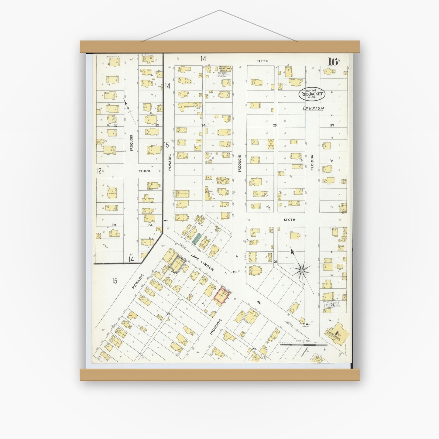 Old map wall art mockup — magnetic wood frame on white wall — Sanborn Fire Insurance Map from Red Jacket, Houghton County, Michigan (1908), Sheet #0016