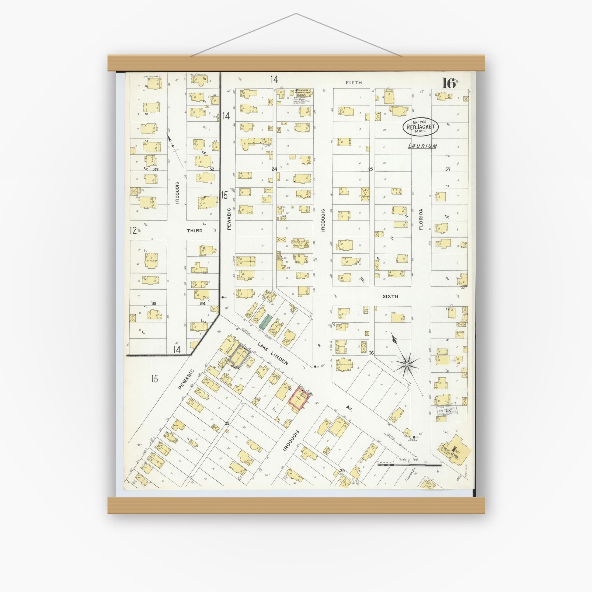 Old map wall art mockup — magnetic wood frame on white wall — Sanborn Fire Insurance Map from Red Jacket, Houghton County, Michigan (1908), Sheet #0016