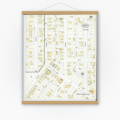 Old map wall art mockup — magnetic wood frame on white wall — Sanborn Fire Insurance Map from Red Jacket, Houghton County, Michigan (1908), Sheet #0016