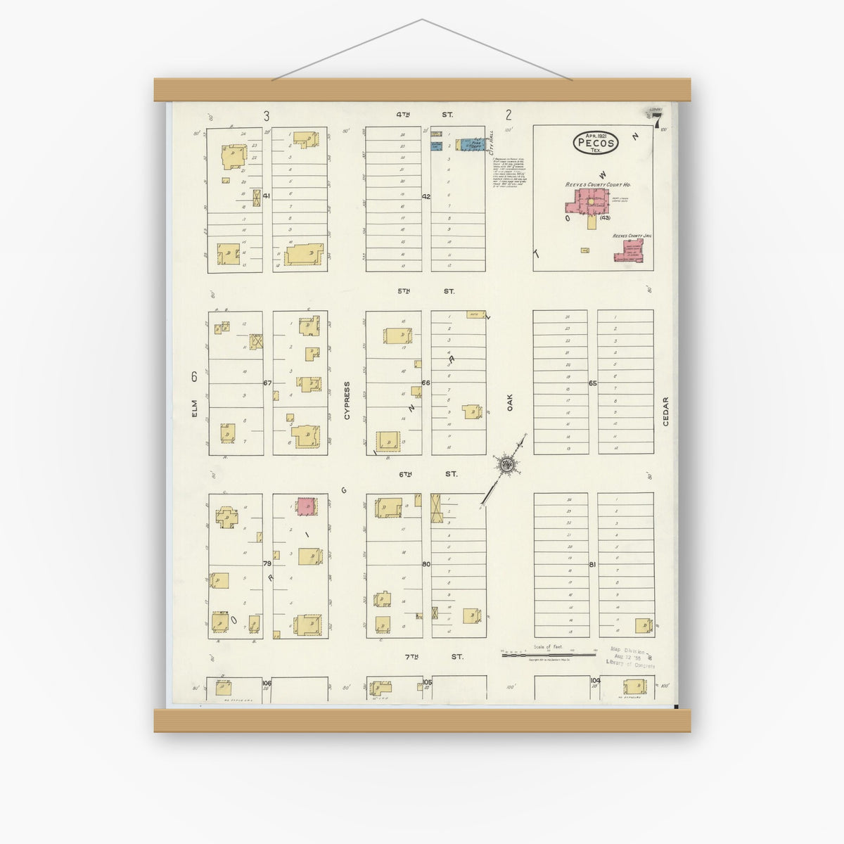 Old map wall art mockup — magnetic wood frame on white wall — Sanborn Fire Insurance Map from Pecos, Reeves County, Texas (1921), Sheet #0007