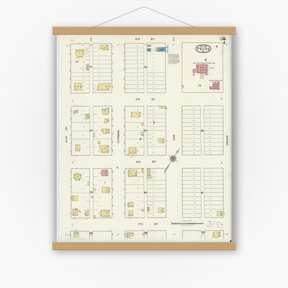 Old map wall art mockup — magnetic wood frame on white wall — Sanborn Fire Insurance Map from Pecos, Reeves County, Texas (1921), Sheet #0007