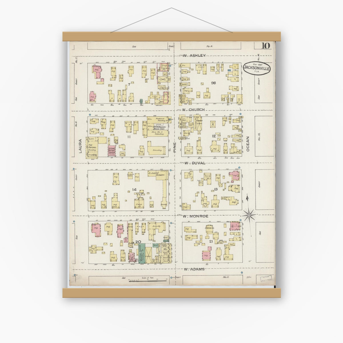 Old map wall art mockup — magnetic wood frame on white wall — Sanborn Fire Insurance Map from Jacksonville, Duval County, Florida (1887), Sheet #0010