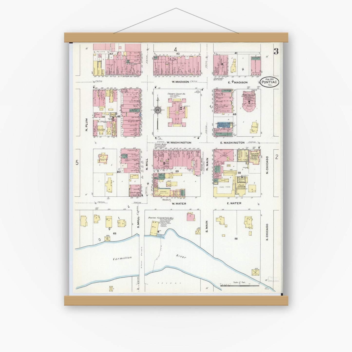Old map wall art mockup — magnetic wood frame on white wall — Sanborn Fire Insurance Map from Pontiac, Livingston County, Illinois (1910), Sheet #0003