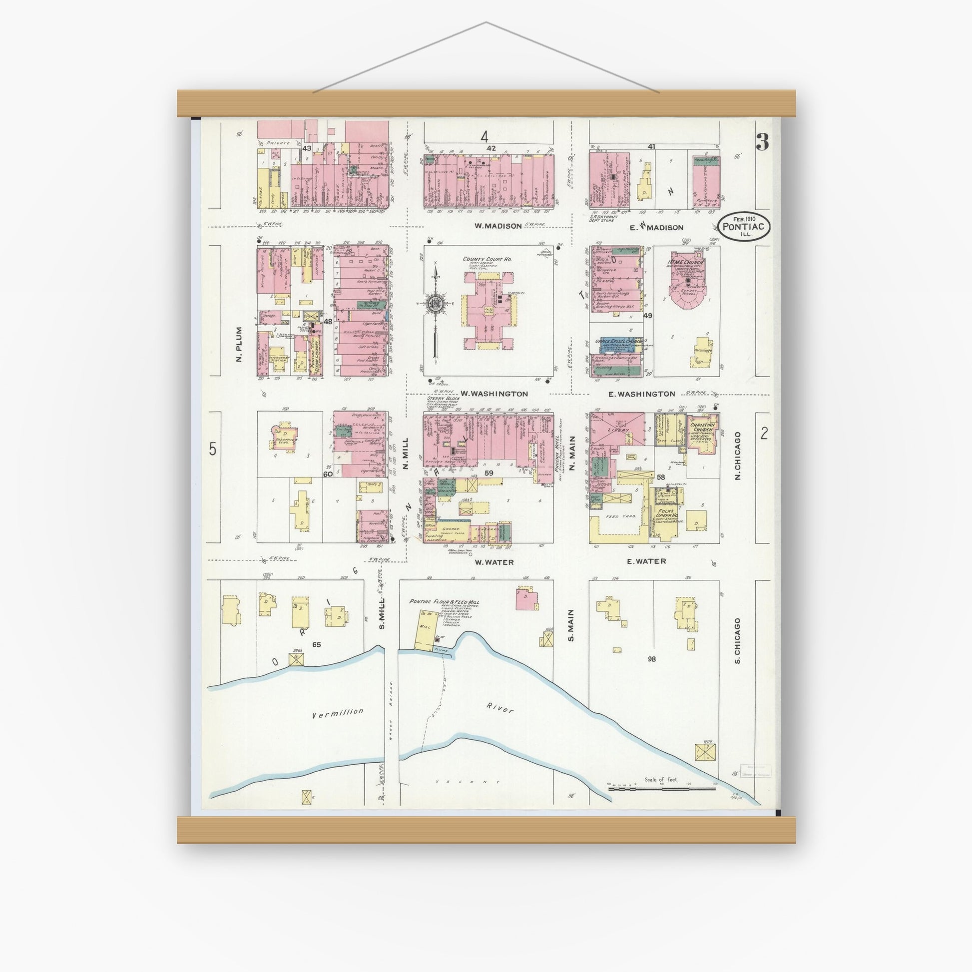 Old map wall art mockup — magnetic wood frame on white wall — Sanborn Fire Insurance Map from Pontiac, Livingston County, Illinois (1910), Sheet #0003