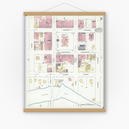 Old map wall art mockup — magnetic wood frame on white wall — Sanborn Fire Insurance Map from Pontiac, Livingston County, Illinois (1910), Sheet #0003